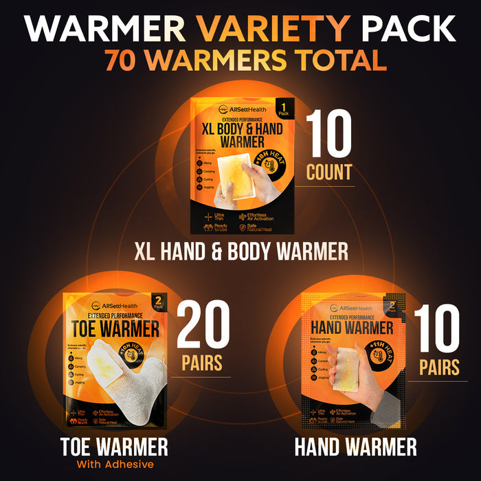 Hand, Toe & Body Warmers Variety Pack – 70 Count Air Activated Heat Packs