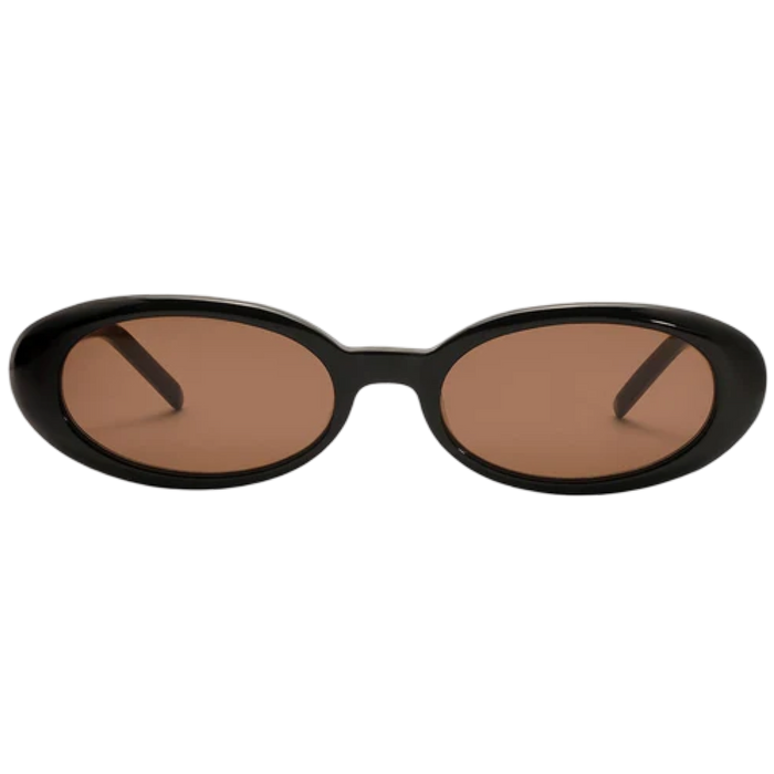 Black oval sunglasses with brown lenses on a white background