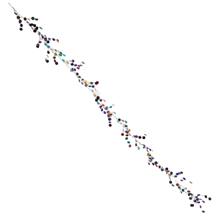 Multicolored holographic confetti garland with small reflective circular accents along a slender strand, shown vertically against a white background.