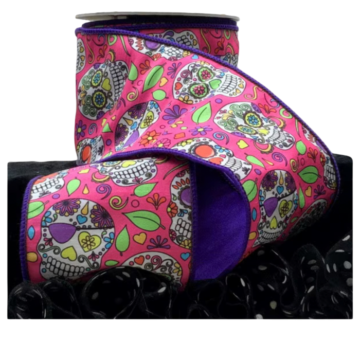 D. Stevens hot pink sugar skull faux dupioni wired ribbon with purple edging, 4 inches wide.