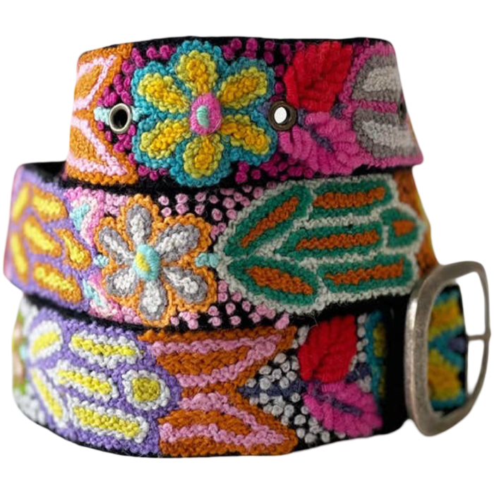 Jenny Krauss Folklorica black wool belt with colorful hand-embroidered floral design and metal buckle