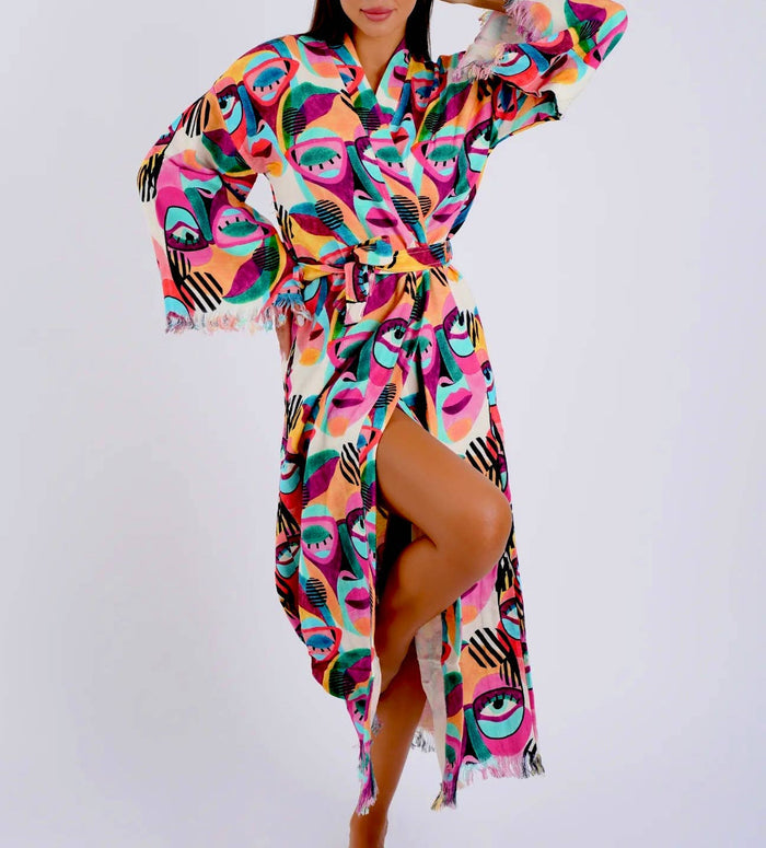 Colorful Picasso inspired organic cotton kaftan with vibrant abstract print
