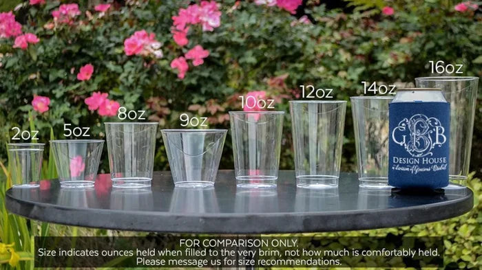 A collection of plastic cups and a blue cooler with a logo, arranged on a table, with text indicating the sizes of the cups and the cooler.
