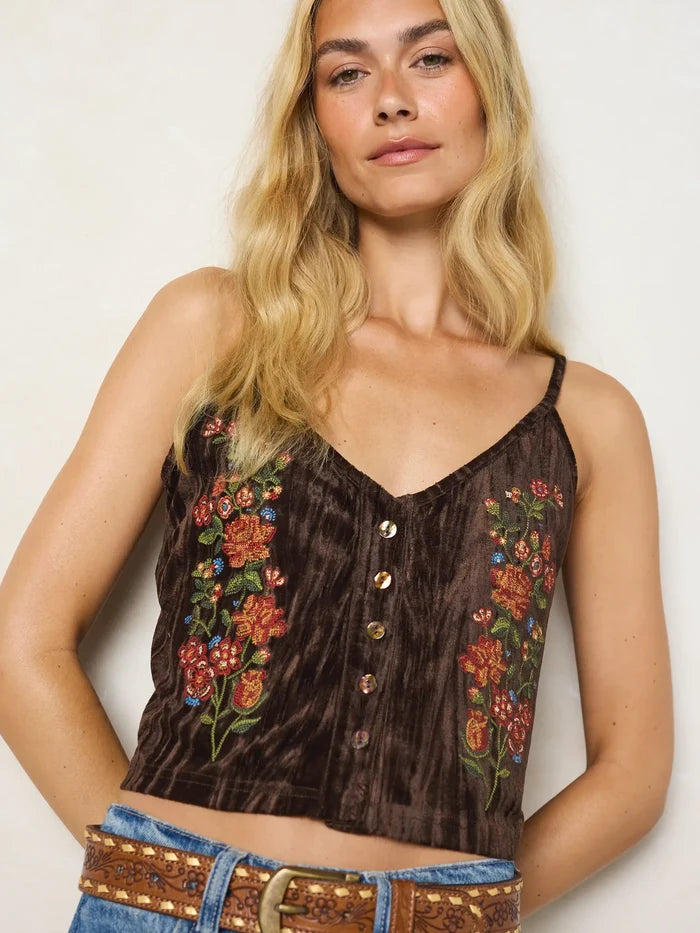 Lulu Embroidered Velvet Cami - Brown Rose Garden-view 1