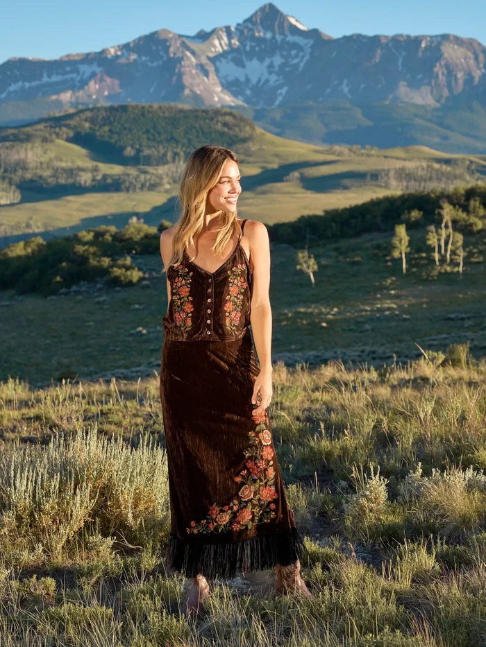 Lulu Embroidered Velvet Cami - Brown Rose Garden-view 2