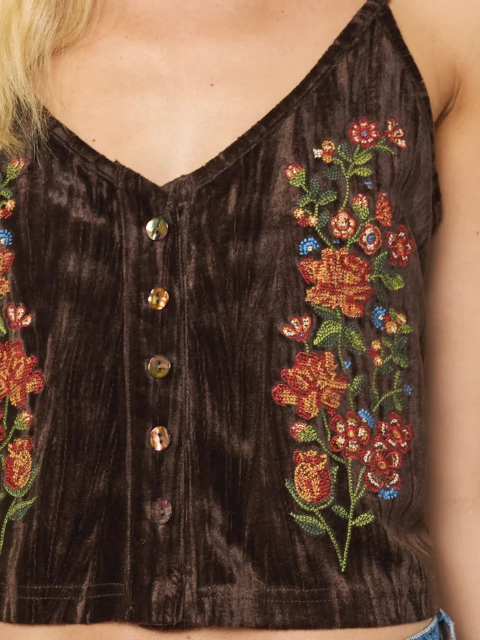 Lulu Embroidered Velvet Cami - Brown Rose Garden-view 3
