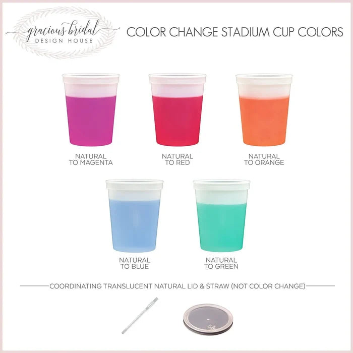 five cups of different colors, each labeled with its corresponding natural color change. The cups are arranged in a grid, with the first row containing a pink cup, a red cup, and an orange cup. The second row has a blue cup, a green cup, and a turquoise cup. The third row has a purple cup, a blue cup, and a green cup. The fourth row has a pink cup, a blue cup, and a green cup. The fifth row has a pink cup, a blue cup, and a green cup.