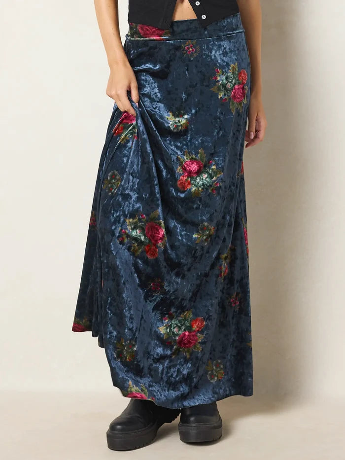 Moment In Time Velvet Maxi Skirt - Mystic Bouquets Blue-view 1