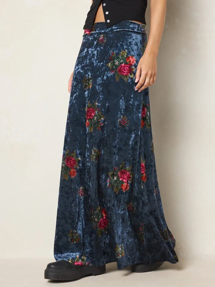 Moment In Time Velvet Maxi Skirt - Mystic Bouquets Blue-view 2