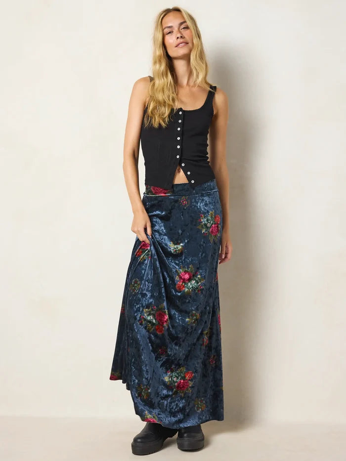Moment In Time Velvet Maxi Skirt - Mystic Bouquets Blue-view 3