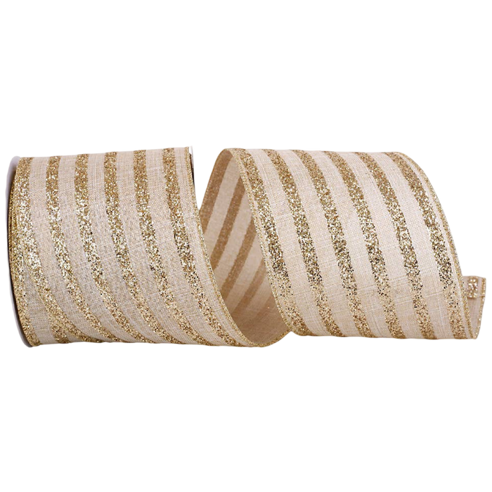 Natural linen-look wired ribbon with vertical gold glitter stripes, 4 inches wide, shown in loose loops for Christmas trees, wreaths, bows, garlands, and gift wrapping.
