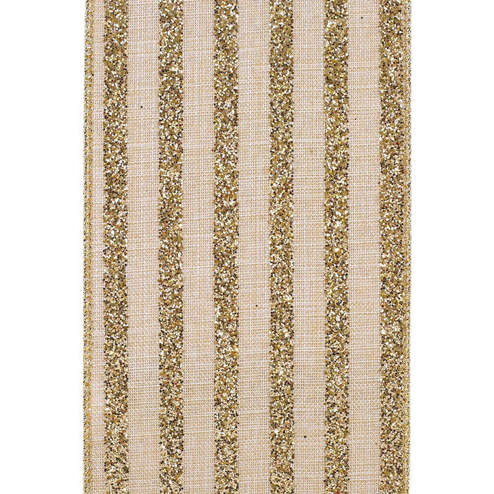 A close-up of a fabric or wallpaper pattern featuring vertical stripes of shimmering gold glitter and a woven beige textured background.