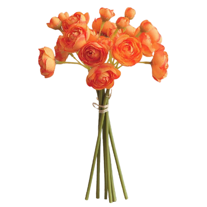 Orange faux baby ranunculus flower bunch with six stems and multiple petite silk blooms