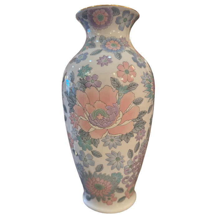 Tall porcelain vase with pastel pink, lavender, blue, and mint flowers and a gold-tone rim.
