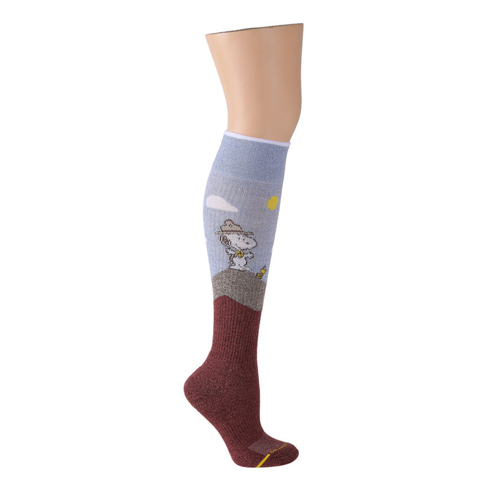 Wine marl knee-high compression socks for women featuring Snoopy hiking with Woodstock, displayed on a mannequin leg.