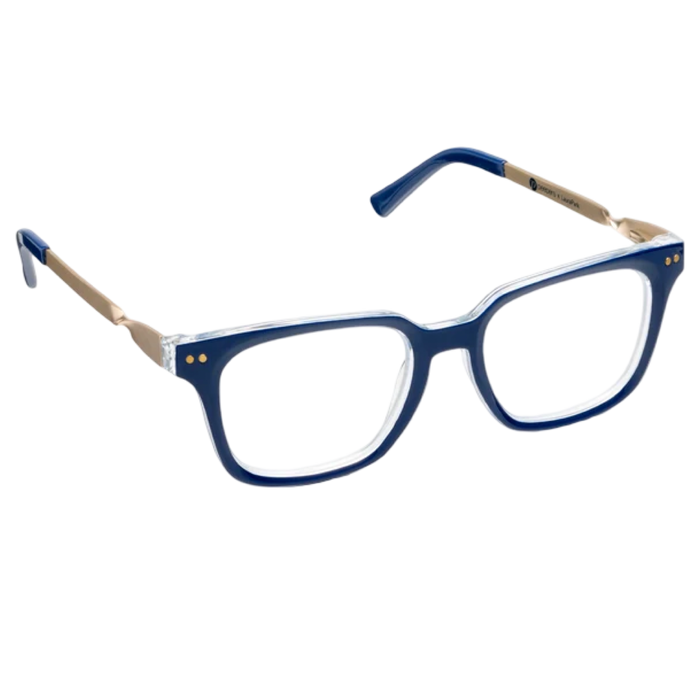 Peepers x Laura Park Sidebar readers in Navy and Rosemary Stripe Indigo