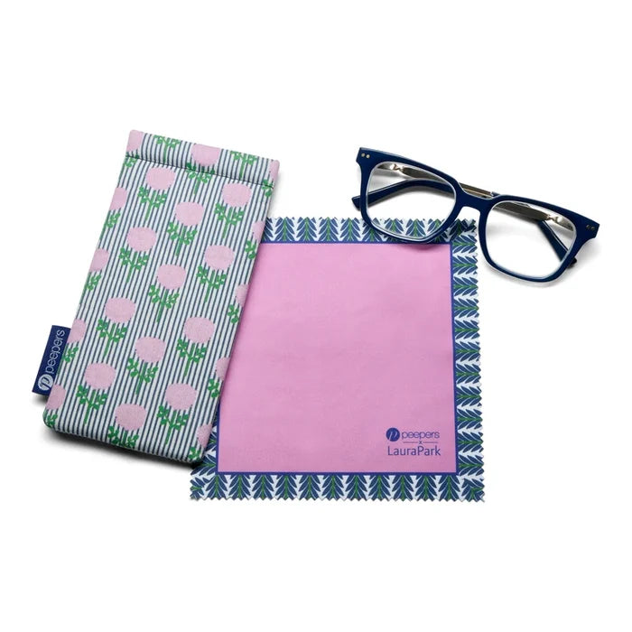 Peepers x Laura Park Sidebar readers in Navy and Rosemary Stripe Indigo