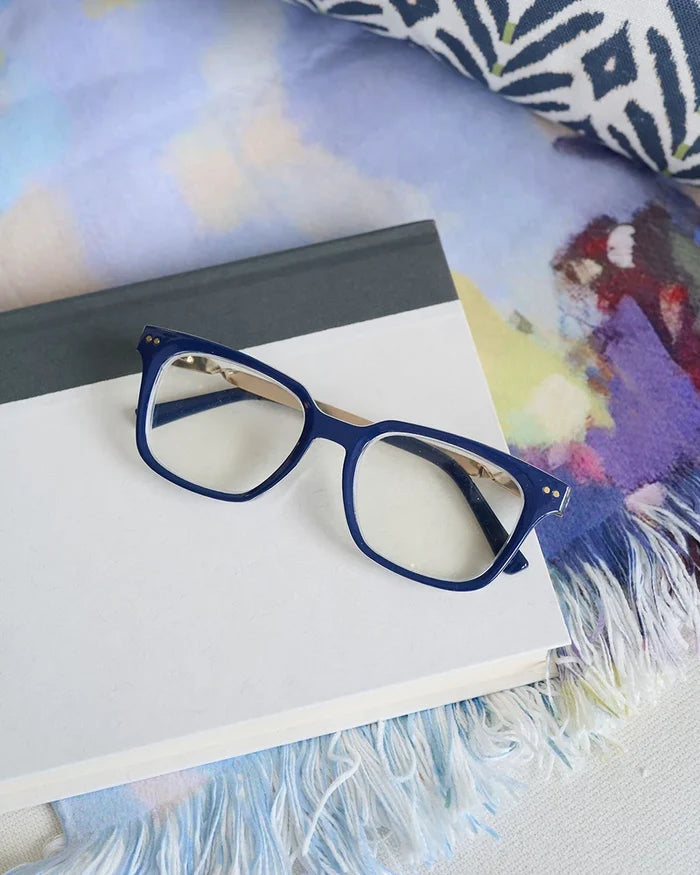 Peepers x Laura Park Sidebar readers in Navy and Rosemary Stripe Indigo