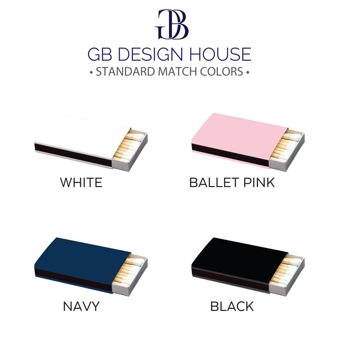 four different colored matchbox sets, each with a set of matches inside. The matchboxes are labeled with the standard match colors: white, ballet pink, navy, and black.