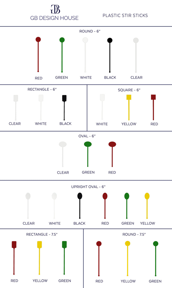 The image is a collection of various plastic stir stick designs, each with different colors and shapes. The stir sticks are arranged in a grid format, with each color and shape represented by a separate row. The image does not contain any text, and the descriptions provided are concise and focused on the visual elements of the stir sticks.