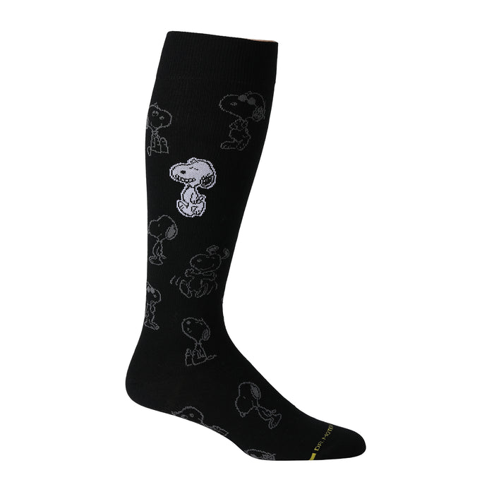Black knee-high compression socks for men featuring a bold pop-art Snoopy design.