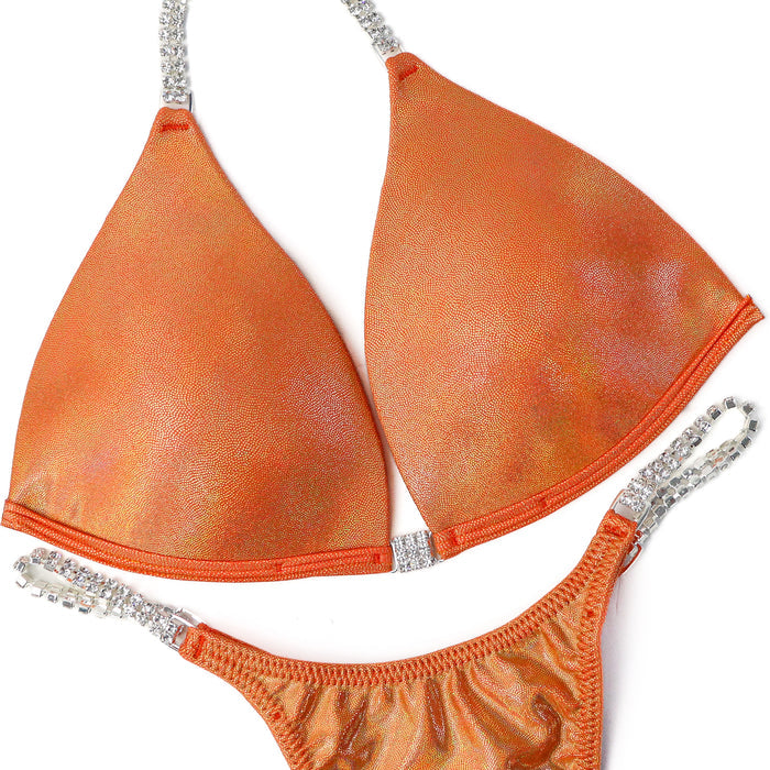 QS ST: The Simple Suit. Hologram Orange. Medium Molded/Pro, Modest Rise.  Angel Competition BikinisThe best NPC Competition Suits for the Bikini Division, Fit Model Division Suits, and bodybuilding suits.