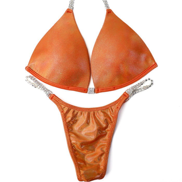 QS ST: The Simple Suit. Hologram Orange. Medium Molded/Pro, Modest Rise.  Angel Competition BikinisThe best NPC Competition Suits for the Bikini Division, Fit Model Division Suits, and bodybuilding suits.