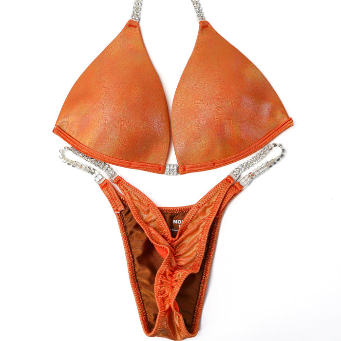 QS ST: The Simple Suit. Hologram Orange. Medium Molded/Pro, Modest Rise.  Angel Competition BikinisThe best NPC Competition Suits for the Bikini Division, Fit Model Division Suits, and bodybuilding suits.