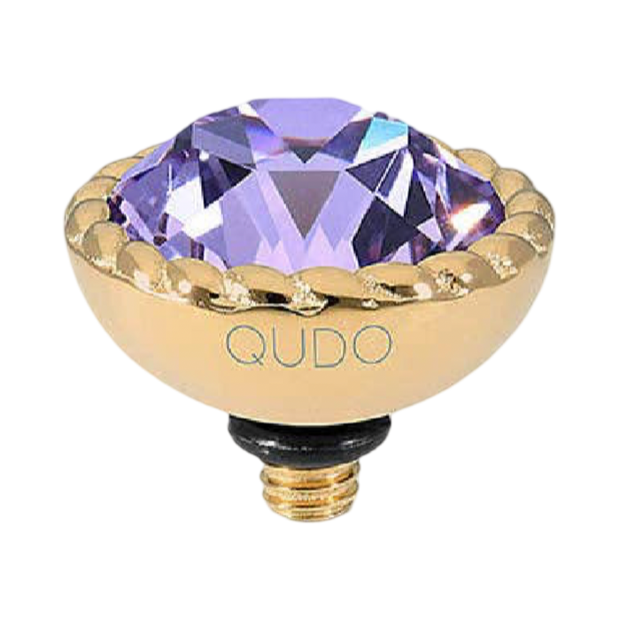 QUDO Bocconi gold interchangeable jewelry topper with faceted violet crystal and crystal-accented edge