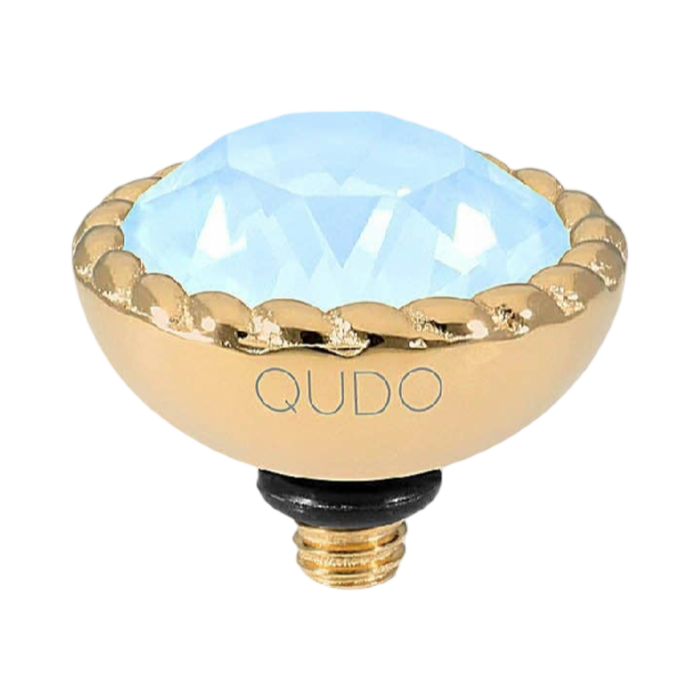 QUDO Bocconi gold interchangeable jewelry topper with faceted Sky Ignite crystal and crystal-accented edge