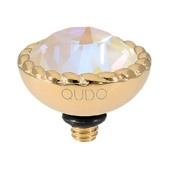 QUDO Bocconi gold interchangeable jewelry topper with faceted Ivory Cream Delite crystal and crystal-accented edge
