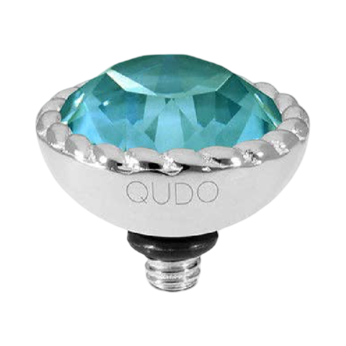 QUDO Bocconi silver interchangeable jewelry topper with faceted Pine Green Ignite crystal and crystal-accented edge