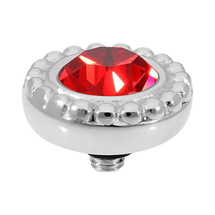 Decorative knob with a red gemstone and silver accents on a white background