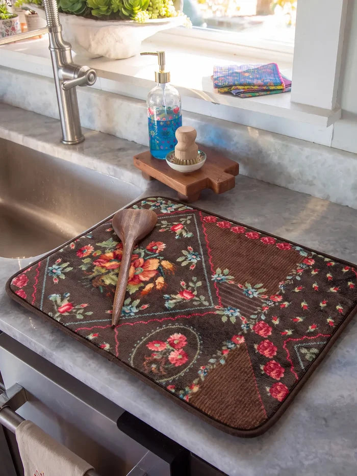 Reversible Dish Drying Mat - Crafted Bouquets Chocolate-view 1