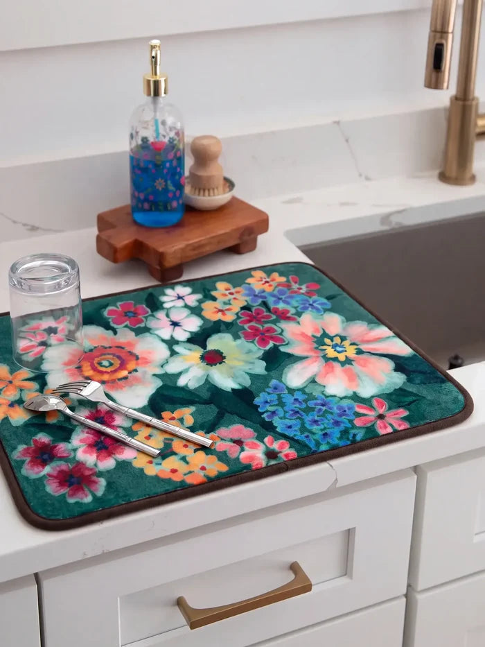 Reversible Dish Drying Mat - Green Floral-view 2