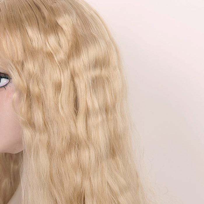 Blonde wavy long wig by SecondFace MoliFX, styled with loose waves, designed for "The Nun" costume, 60cm length, natural look.