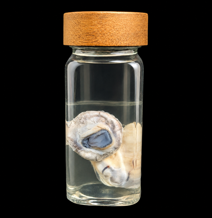 A clear glass vial with a light brown wooden lid, containing a preserved animal skull specimen in liquid, set against a solid black background.