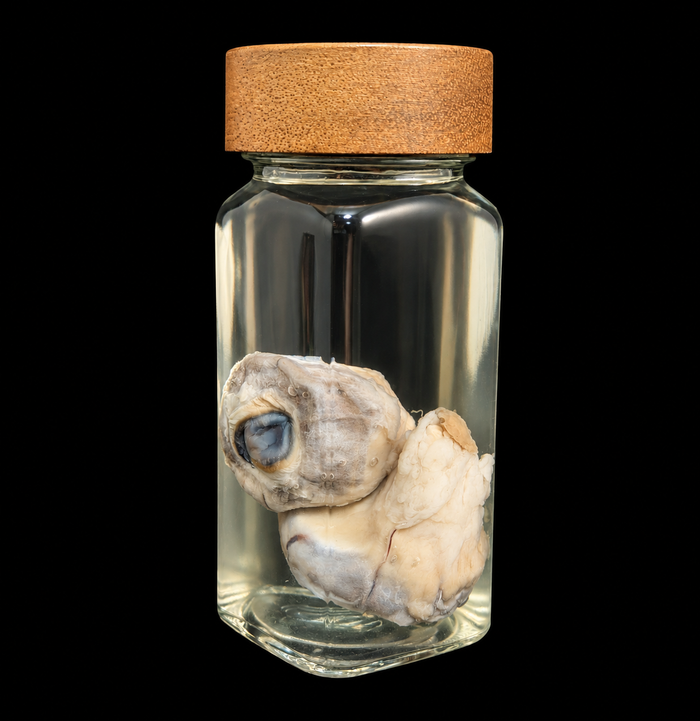 A clear glass specimen jar with a cork stopper containing a preserved frog, photographed against a solid black background.