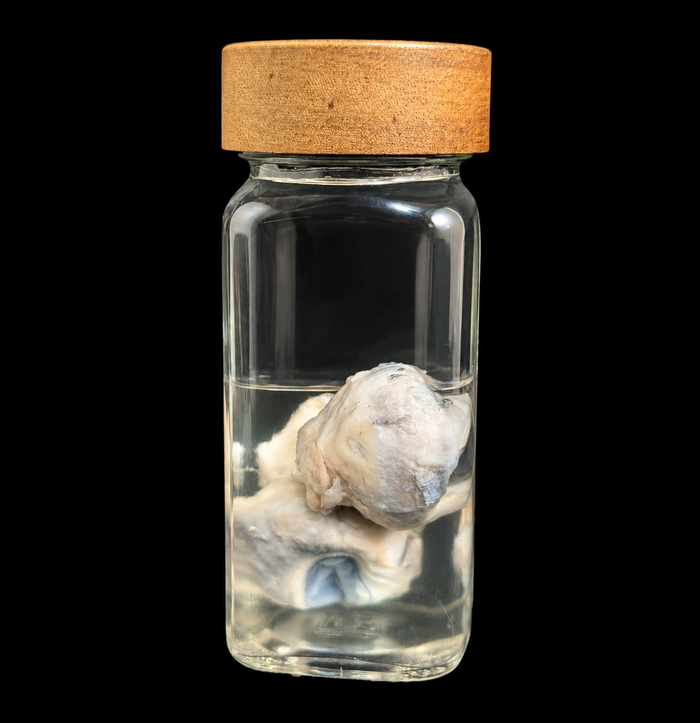 A clear glass specimen jar with a cork stopper, containing a preserved pale animal-like object submerged in liquid, shown against a solid black background.