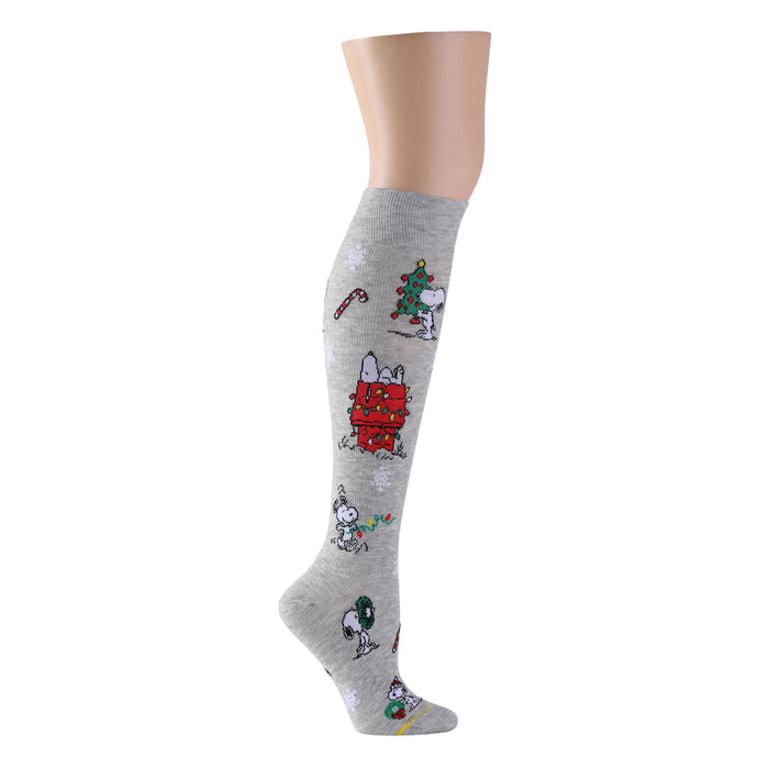 Light grey heather knee-high compression socks featuring Snoopy with holiday decorations.