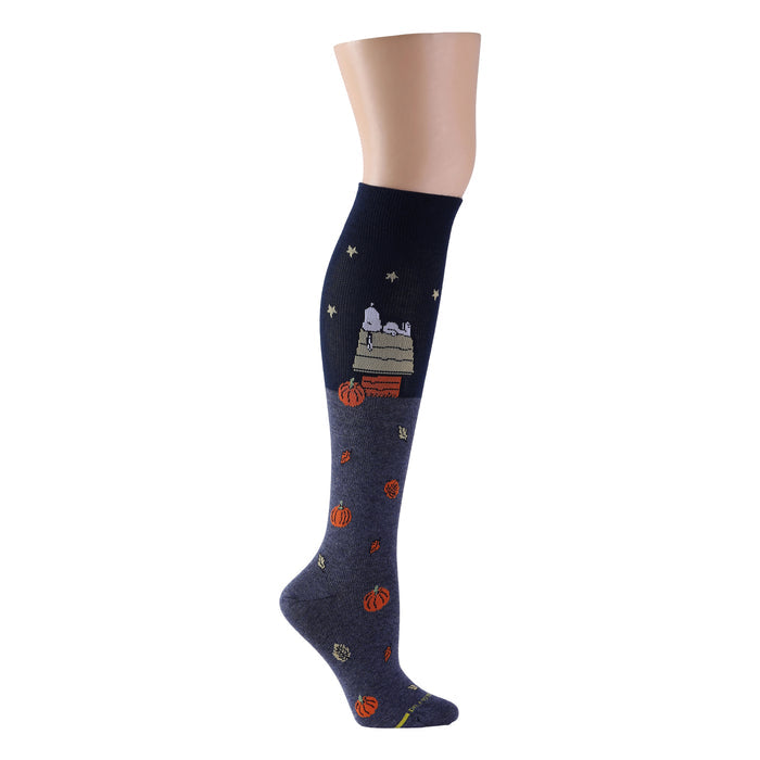 Dark denim heather knee-high compression socks featuring Snoopy with pumpkin patch designs.