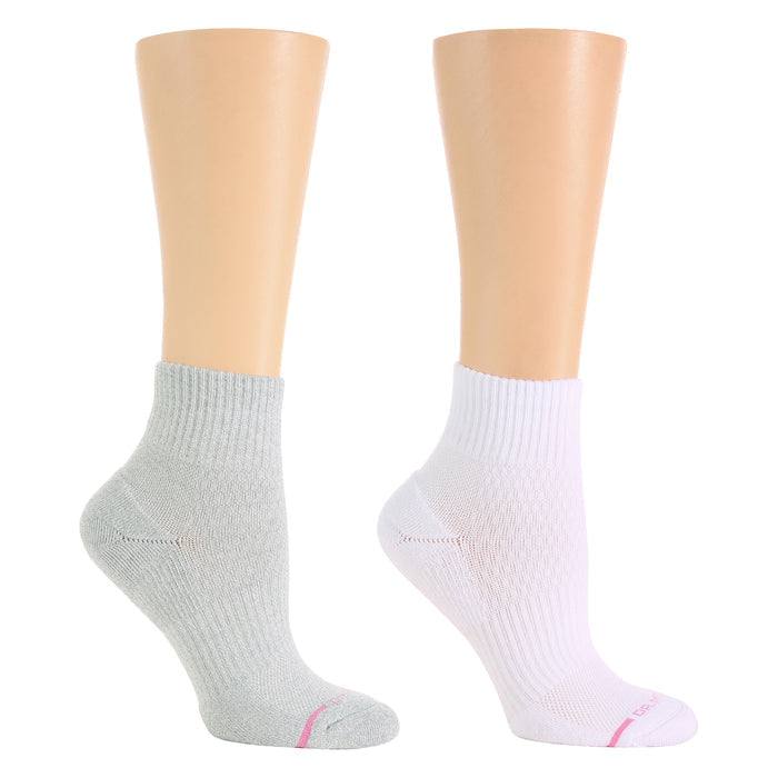 Gray and white quarter compression socks with ribbed cuffs, displayed on mannequin legs.