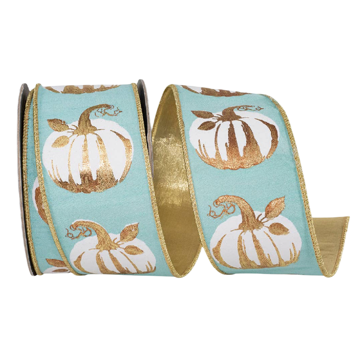 al wired ribbon with white pumpkin motifs, metallic gold accents, and gold reverse, 2.5 inches wide, shown in loose loops for fall wreaths, bows, tablescapes, and gift wrapping.