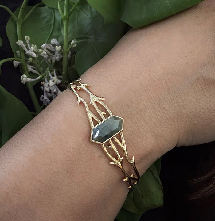 Thorn Cuff Bracelet Gold Plated With Labradorite-Bracelets-Memento Mori Designs NYC-PaxtonGate
