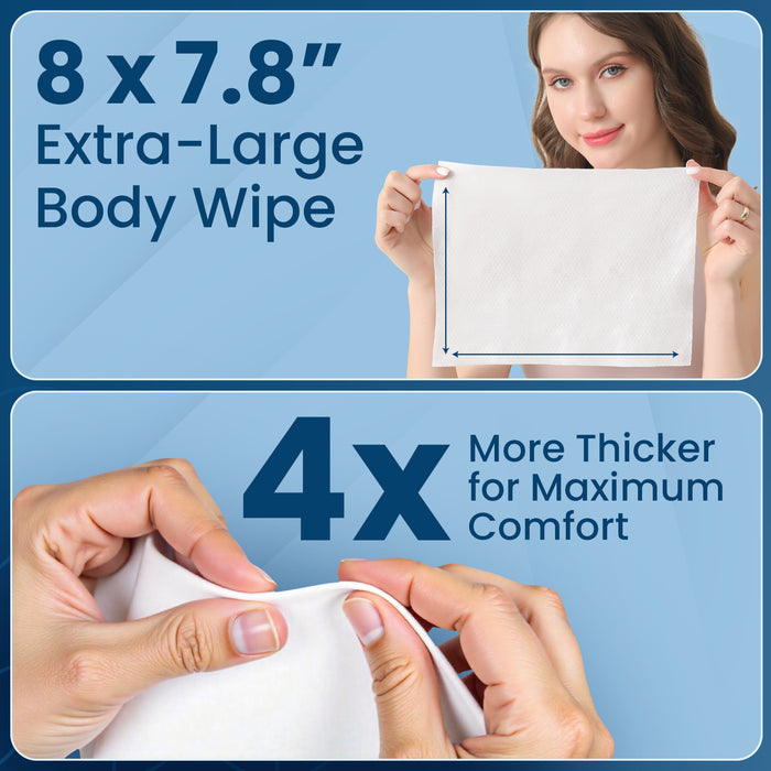 Ultra Thick Shower & Bath Wipes – 100 No Rinse Body Wipes (+ 6 Individual Wipes)