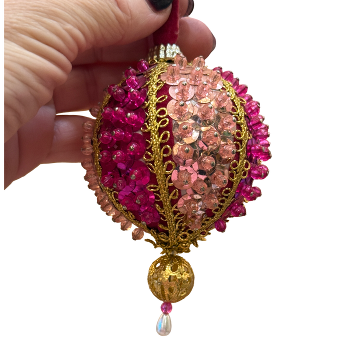 Vintage Fuchsia & Blush Pink Sequin Christmas Ornament | Handmade Beaded