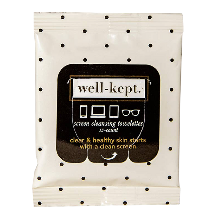 Well-Kept Jackie wipes, tech wipes, lens wipes, polka dot cleaning wipes, boutique stocking stuffer, holiday gift under $10, woman-owned brand, glasses cleaning cloths, phone cleaning wipes, USA-made gift ideas