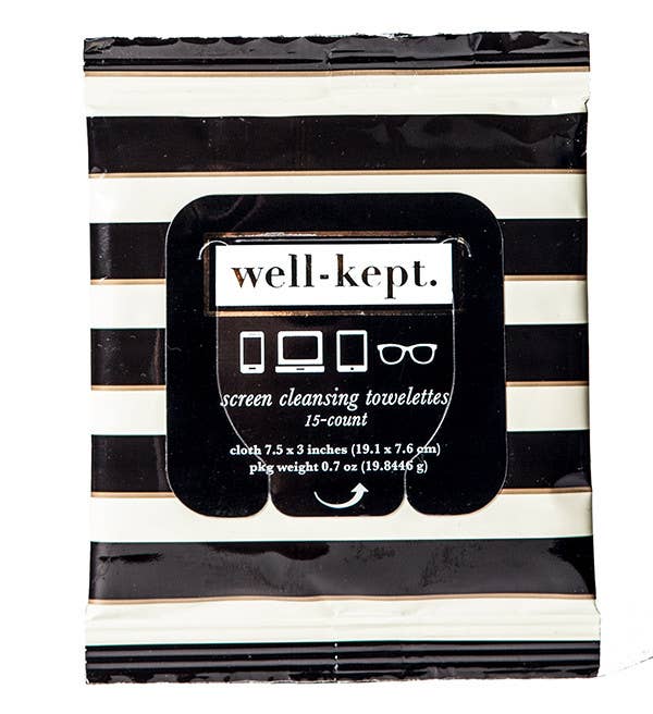 Pack of screen cleansing towelettes with 'well-kept' branding on a black and white striped background.