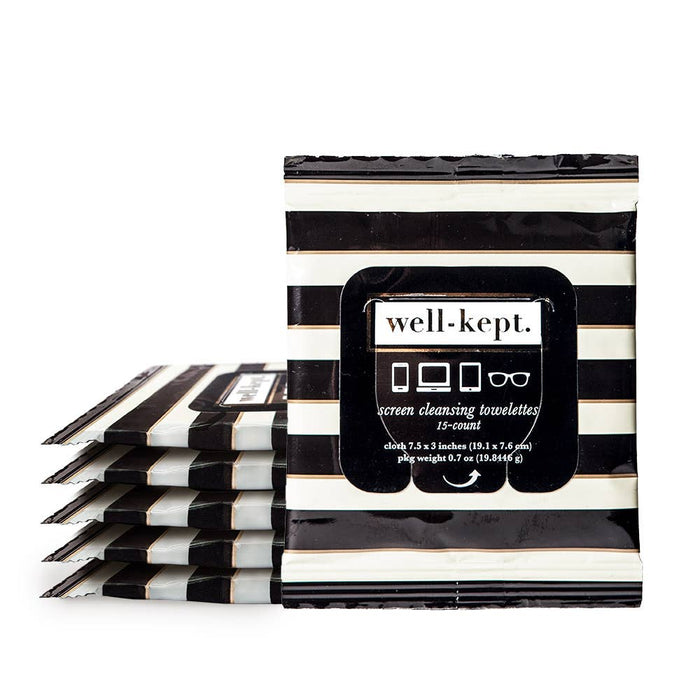 Pack of 'well-kept.' screen cleaning wipes with black and white striped packaging.