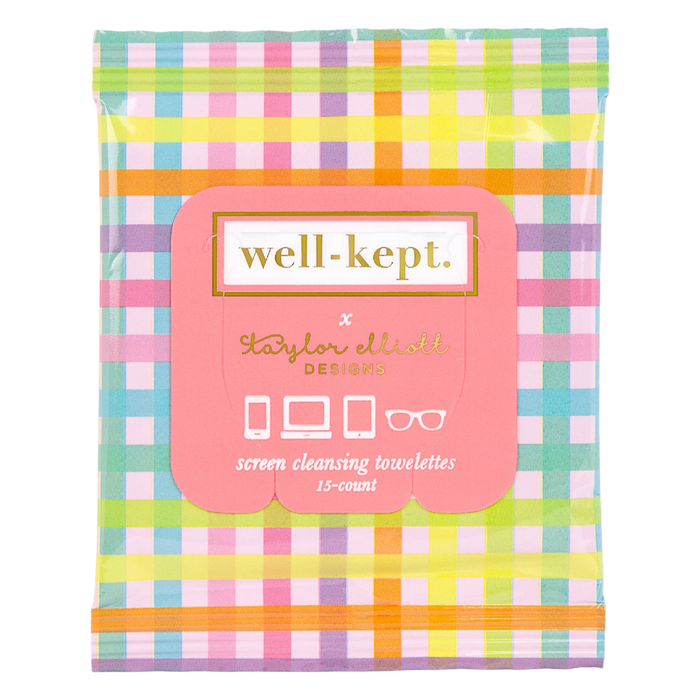 Well-Kept x Taylor Elliott Designs, tech wipes, holiday stocking stuffer, rainbow gingham wipes, boutique holiday gift, woman-owned brand, phone cleaning wipes, glasses wipes, small gift ideas, under $10 gifts, holiday tech accessories
